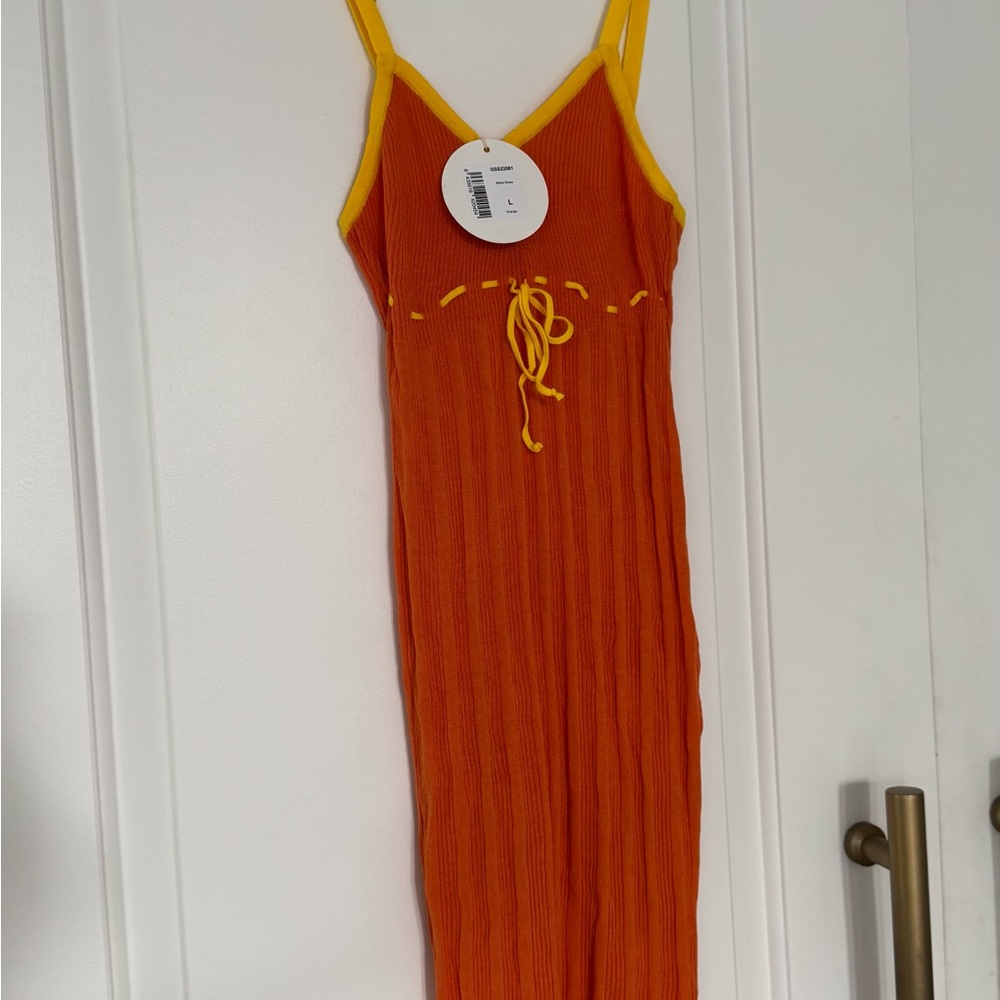 Gimaguas Orange Ribbed Mini Dress with Yellow Trim